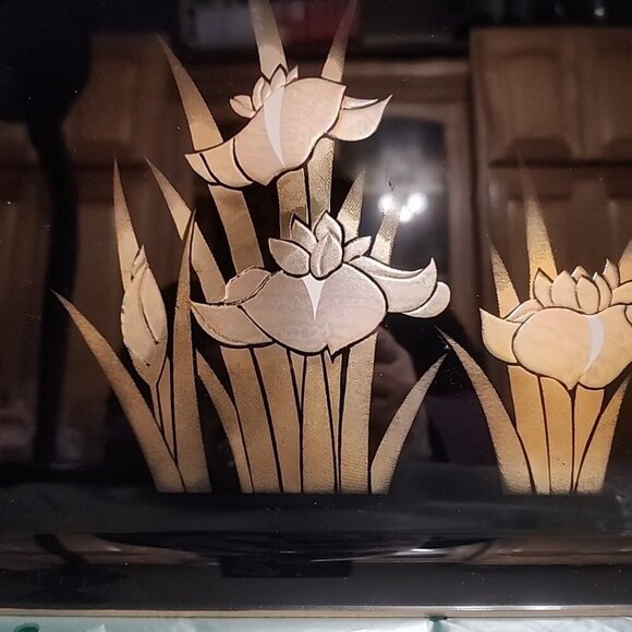 New Vint Otagiri Japan Pearl Iris Flower Lacquerware Serving Tray Black Gold - Picture 8 of 8